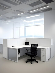 White brick open space office interior with a concrete floor, a blank wall fragment and a row of computer desks along the wall. Side view. 3d rendering mock up