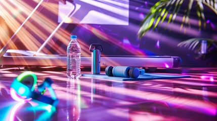 Vivid gym scene showcasing fitness essentials with a futuristic glow, highlighting the interplay of light and exercise