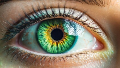 Green eyed woman staring close up of iris digitally, camera focus on Green eyed.  - obrazy, fototapety, plakaty