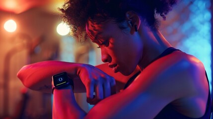Non-binary person focused on fitness tracker during gym workout highlighting health and inclusion