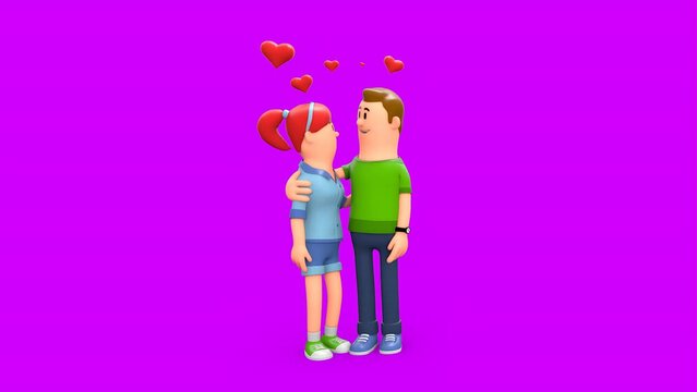 3D Rendered Animated Scene Of Cartoon Smiling Happy Couple Hugging Standing In Green Background.