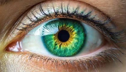 Fototapeten Green eyed woman staring close up of iris digitally, camera focus on Green eyed.  © blackdiamond67