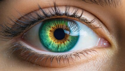 Fototapeta premium Green eyed woman staring close up of iris digitally, camera focus on Green eyed. 