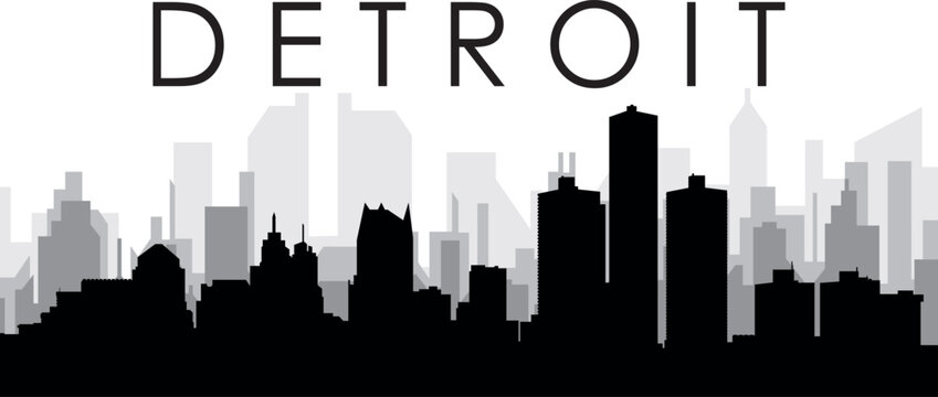 Black cityscape skyline panorama with gray misty city buildings background of the DETROIT, UNITED STATES OF AMERICA