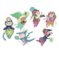 Stickers featuring funny children's animal costumes for masquerade. Flat design vector illustration.