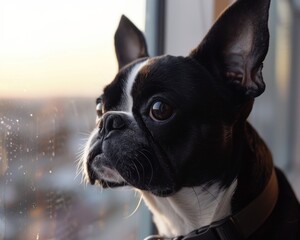 Boston Terrier Gazing Out of a City Window, A contemplative Boston Terrier dog looks out a window, gazing at the cityscape during sunset, reflecting a moment of serenity.