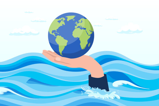 Hand tendering holding world or globe above climate flood ocean, save the world from climate change and global warming problem, protect our planet from melting ice flood or disaster (Vector)