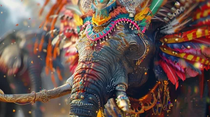 Poster A war elephant adorned in vibrant colors and elaborate headdresses captures the attention of all who lay eyes upon it a majestic creature in the midst of war. © Justlight