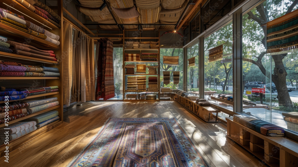 Poster inside the boutique is filled with shelves and racks displaying an array of handwoven fabrics in dif