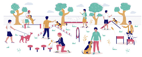 Fototapeta na wymiar Happy people training pets at dog walking area vector illustration