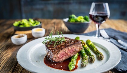  Grilled ostrich steak filet with asparagus, broccoli, and glass of red wine 