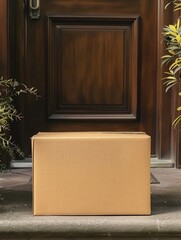 blank cardboard box placed in front of the house door, Concept Delivery