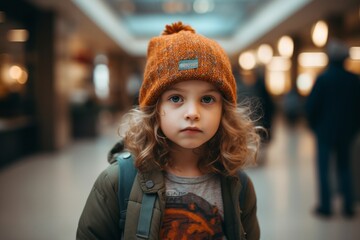 Cute little girl with long curly hair and brown knitted hat on the background of shopping mall