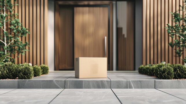 Blank Cardboard box placed in front of the modren house door, Concept Delivery