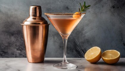Martini served beside a copper cocktail shaker, martini cocktail drink in martini glass