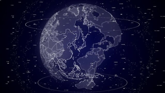 digital globe rotating, zooming in on Japan country. Data analysis Technology Cinematic Globe rotating on Japan Country data analysis background Energy particles around the Globe