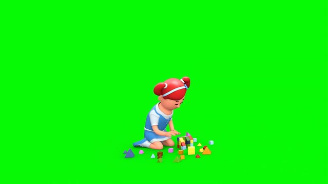 3D Rendered Animated Scene Of Cartoon Girl Kid Playing With Different Kinds Of Geometric Toy And Lego In Green Background.
