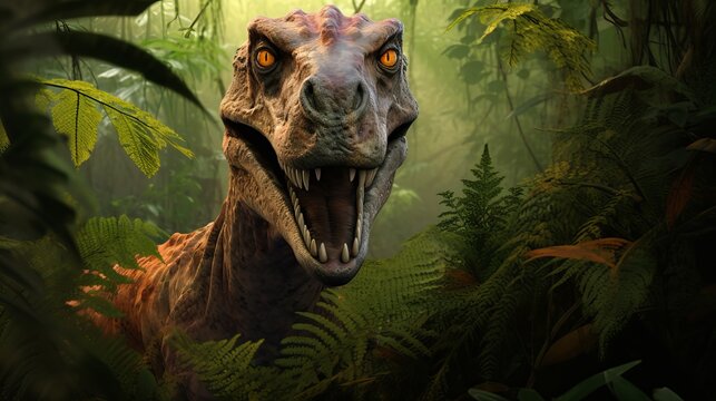 An anthropomorphic artistic depiction of a jungle raptor in the distance.