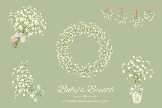 手書きで描いたカスミソウの素材セット