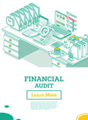 Financial Audit. Isometric Business Concept. Account Tax Report. Laptop with Calendar and Magnifier. Documents Under Magnifying Glass. Office Table with Paper Trays.