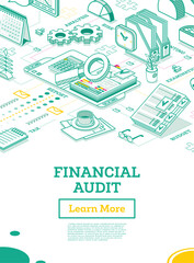 Financial Audit. Isometric Business Concept. Account Tax Report. Open Folder with Documents. Calendar and Magnifier. Report Under Magnifying Glass. Calculating Balance.