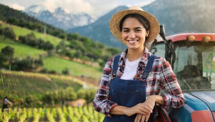 Fototapeta premium Portrait of a handsome young farmer standing in a shirt and smiling at the camera, on a tractor and nature background. Concept: bio ecology, clean environment, beautiful and healthy people, farmers