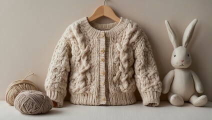 A cozy hand-knit cable sweater hanging on a wooden hanger next to a cute stuffed toy rabbit and yarn balls