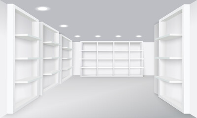 Realistic store interior with empty shelves background