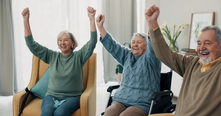 Senior people, friends and applause watching tv at home, living room and house during retirement...