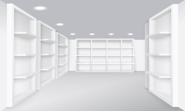 Realistic store interior with empty shelves background