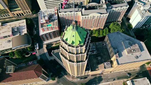 Descending top-down view from top of Tower life building, San Antonio, Texas, USA