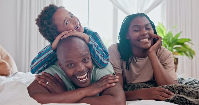 Dad, mom and kid with face on bed for smile, bonding or love in morning for connection in Kenya. Father, mother and child with laugh for portrait with care, happy or wake up in bedroom at family home