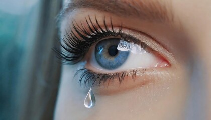 camera focusing on tear. woman, woman, tears, beautiful eye, blue eye, eyelashes. Macro view-