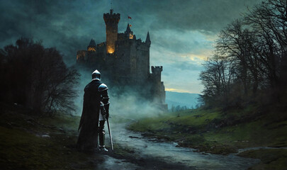 The knight standing in front of the abandoned castle in the dark night.	 - obrazy, fototapety, plakaty