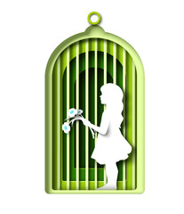 Little girl kid with flower bouquet locked in golden cage - obrazy, fototapety, plakaty