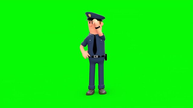 3D Rendered Animated Scene Of Cartoon Policeman Looking Around Hat's Off To Someone Standing In Green Background.