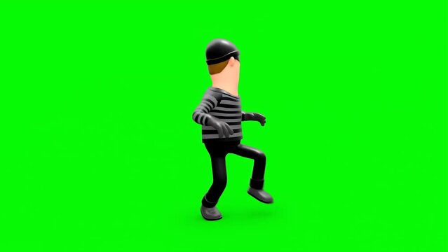 3D Rendered Animated Scene Of Cartoon Thief Approaching Quietly Looking Around Tip-Toeing In Green Background