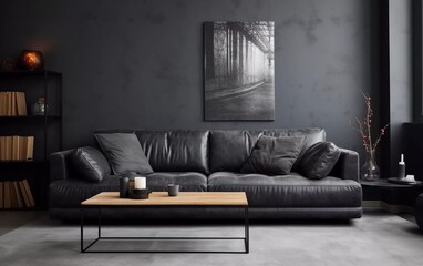 gray walls of living room with black sofa interior background. generative ai