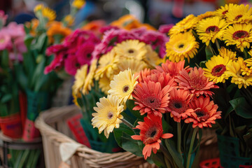 Close-up of fresh and colorful flowers at a bustling flower market