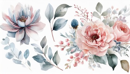 Water color floral illustration set. DIY blush pink blue flower, green leaves individual elements collection - for bouquets, wreaths, wedding invitations, anniversary, birthday, postcards, greetings. - obrazy, fototapety, plakaty