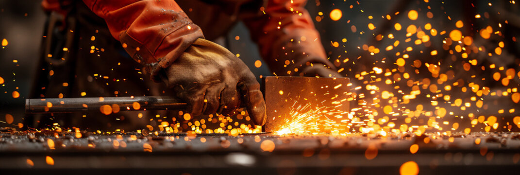 a man's hand is hitting iron heated for exposure, in a workshop
