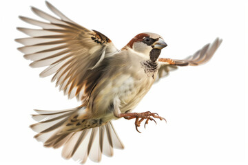 A brown bird flying on white background