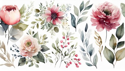 Water color floral illustration set. DIY blush pink blue flower, green leaves individual elements collection - for bouquets, wreaths, wedding invitations, anniversary, birthday, postcards, greetings. - obrazy, fototapety, plakaty