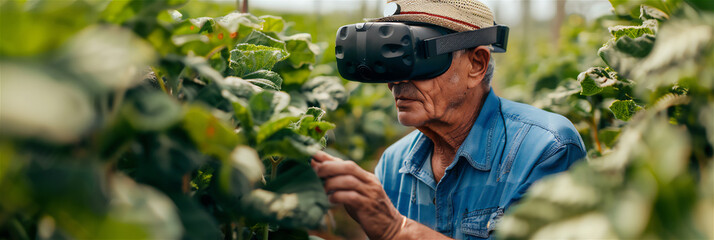 Naklejka na ściany i meble farmer using VR glasses is selecting fertilizer as displayed by the VR glasses