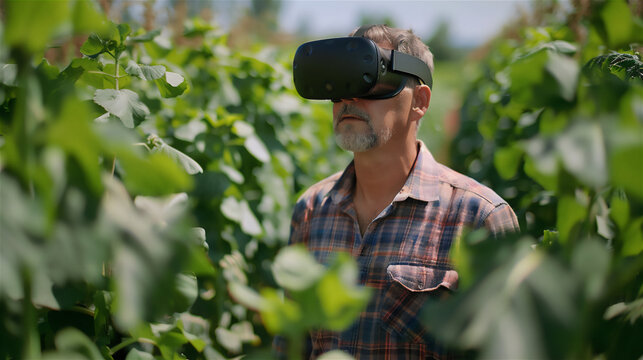 farmer using VR glasses is selecting fertilizer as displayed by the VR glasses