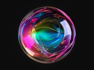 An abstract digital art of a glass-like sphere with vibrant colors on a black background.