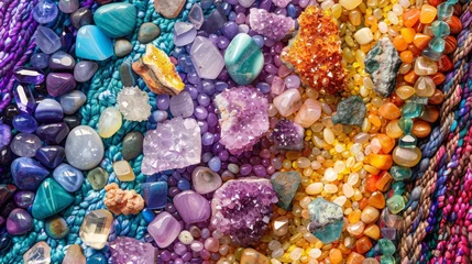 Fototapeten A colorful array of vibrant gemstones and crystals each with their own unique energy and healing properties are carefully laid out on a woven blanket. © Justlight