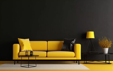 living room yellow walls with black sofa interior background. generative ai