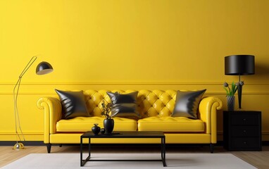 living room yellow walls with black sofa interior background. generative ai - obrazy, fototapety, plakaty