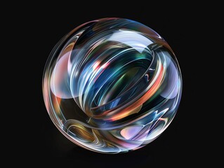 A vibrant and dynamic abstract glass sphere with swirling multicolored patterns on a black background.